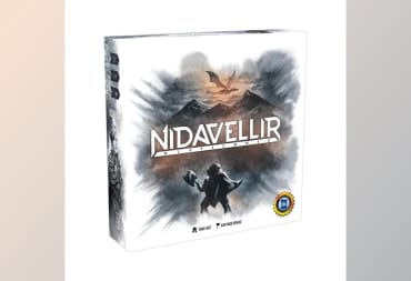 An image of the box for the board game Nidavellir against a gray and beige background.
